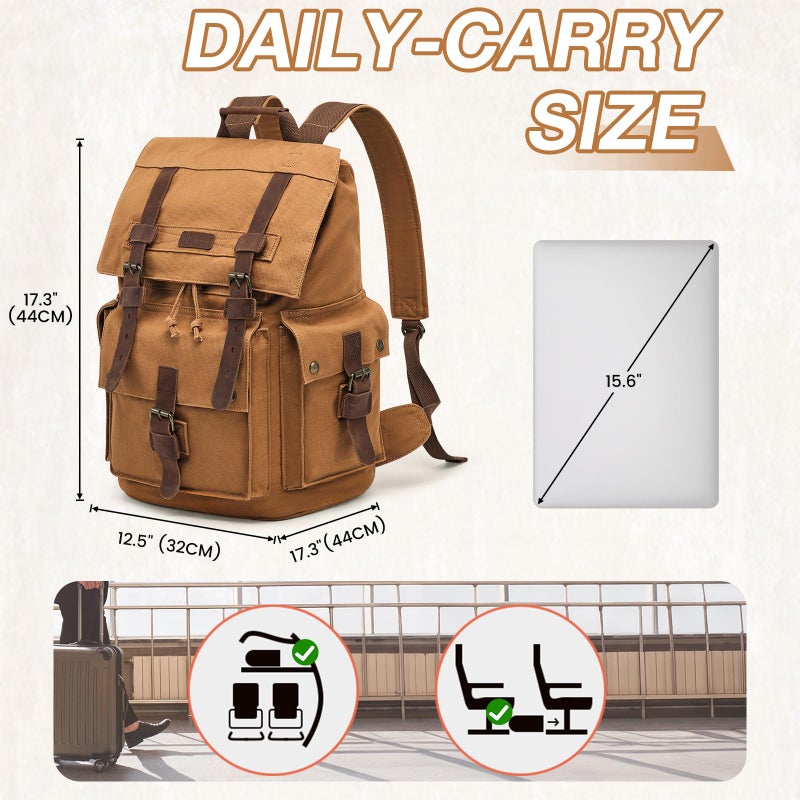 Kattee Menâ€™s Leather Canvas Backpack Large School Bag Travel Rucksack Khaki - Image 3